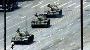A civilian blocking the column of tanks heading to Tiananmen Square