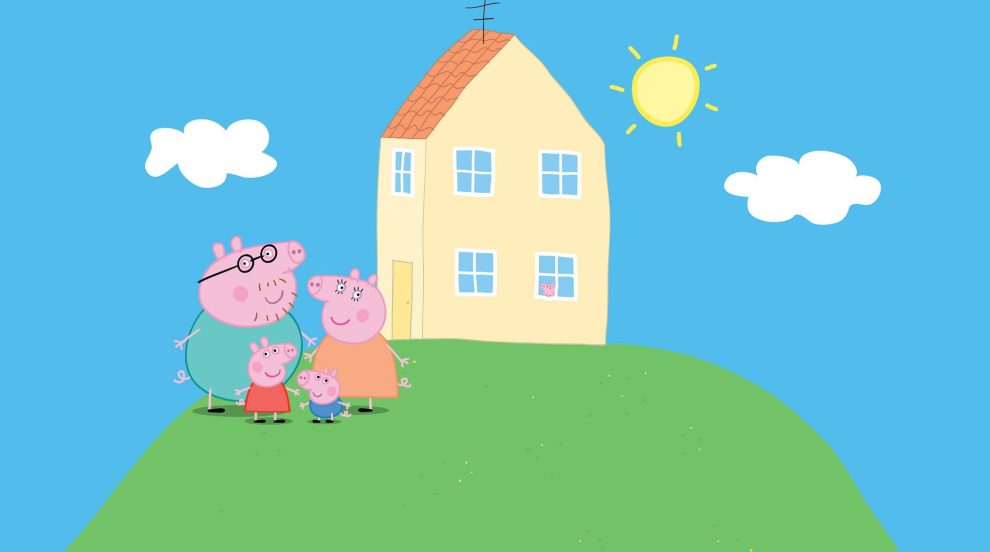 illustration of pigs in front of house