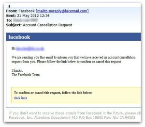 Fake Facebook Account Cancelation Scam with link to initiate hacking