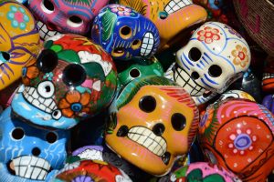 colorful clay skulls
